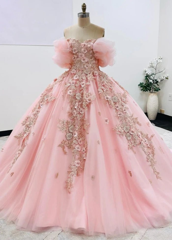 Janet | Dreamy Pink Quince Dresses with Floral Sleeve Elegance - Light Pink - PromDressClub