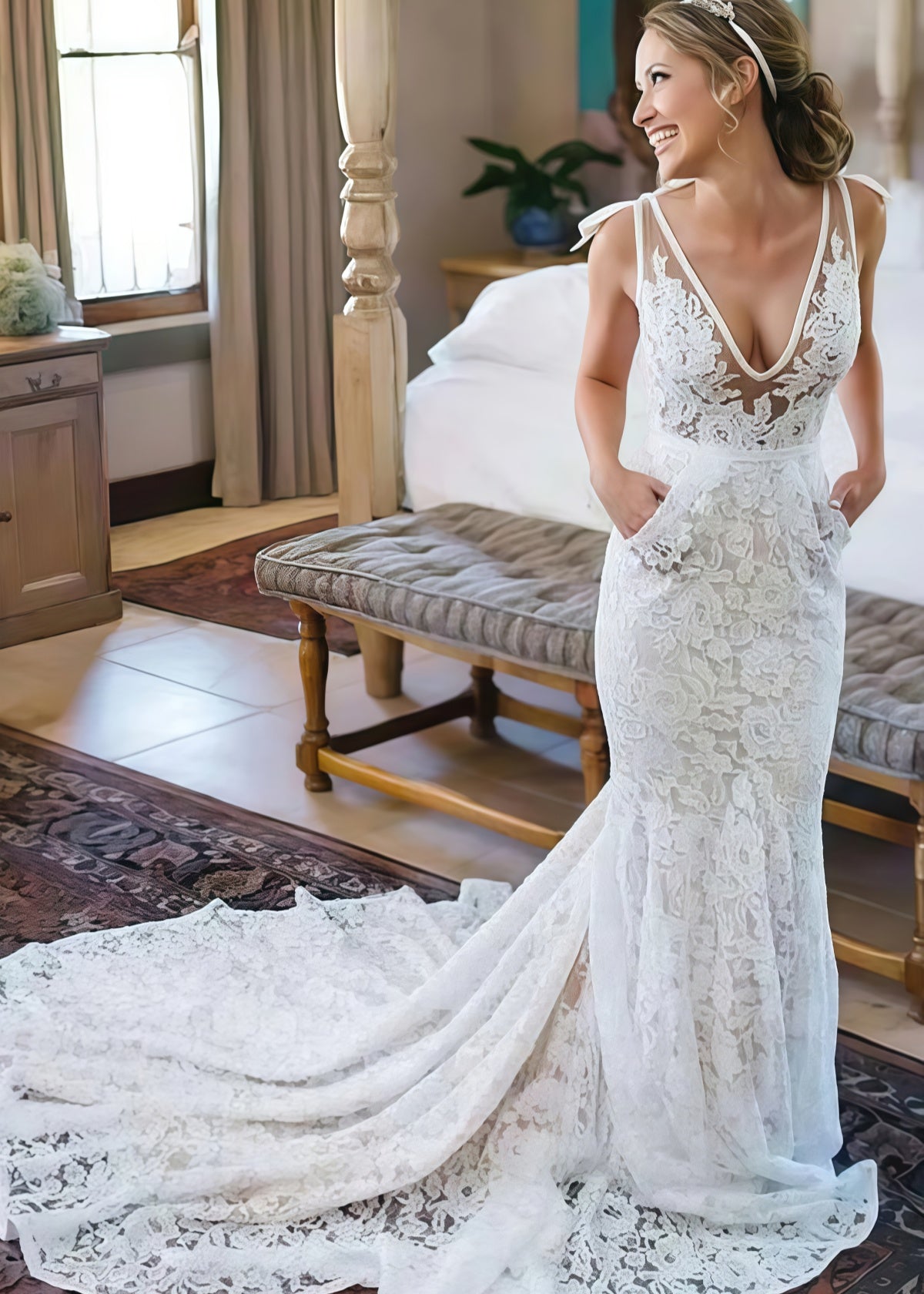 Janet | Exquisite Mermaid V Neck Backless Lace Wedding Dress with Long Train - White - PromDressClub
