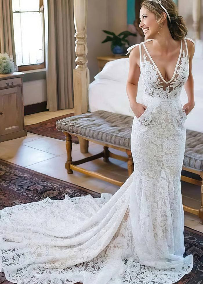 Janet | Exquisite Mermaid V Neck Backless Lace Wedding Dress with Long Train - White - PromDressClub