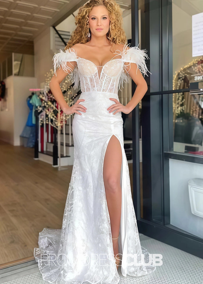 Janet |White Long Prom Dresses Near Me With Lace Feather Off - the - Shoulder Mermaid - Price #price_variant_lowest# - White - PromDressClub