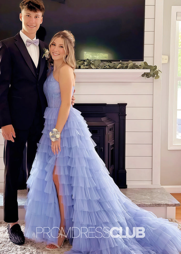 Janice |Black Long Prom Dresses Near Me With One Shoulder Lace A Line Tiered Ruffles High Slit - Price #price_variant_lowest# - Lilac - PromDressClub