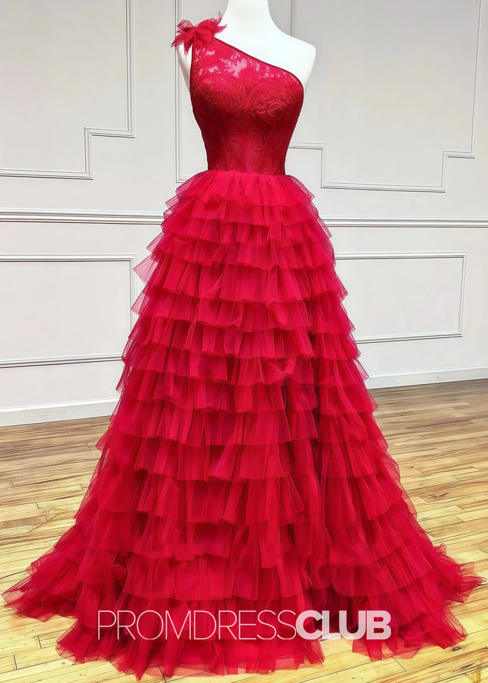 Janice |Black Long Prom Dresses Near Me With One Shoulder Lace A Line Tiered Ruffles High Slit - Price #price_variant_lowest# - Red - PromDressClub