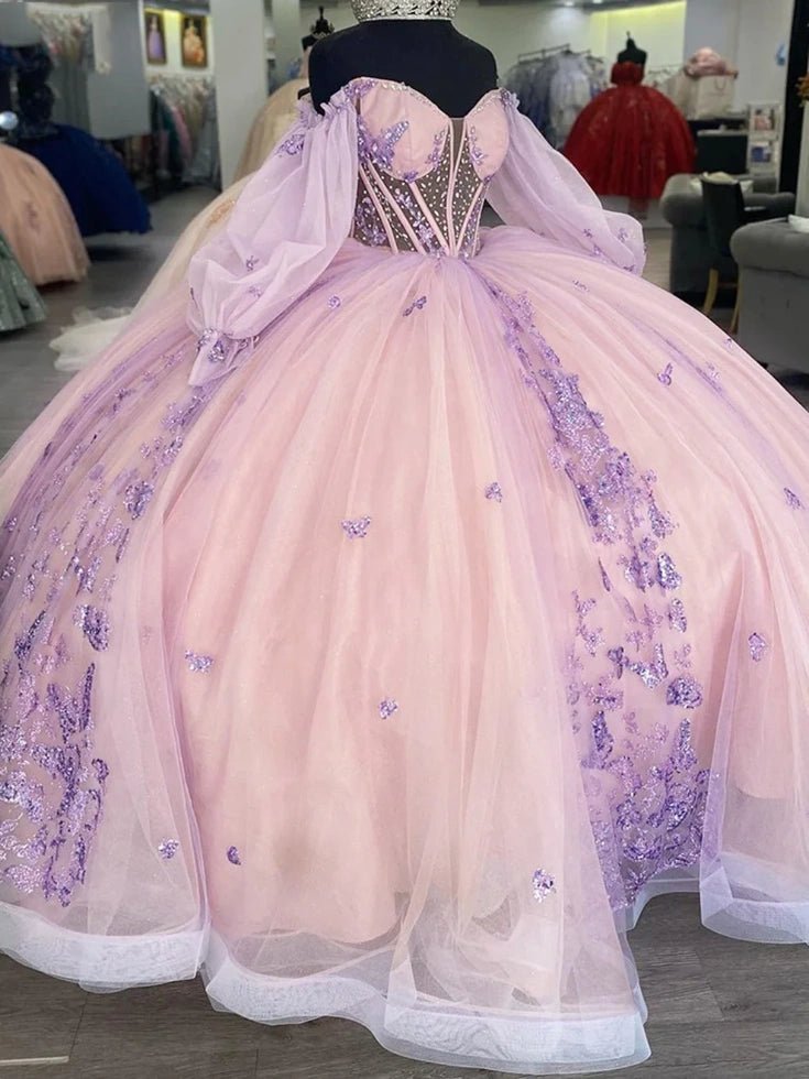 Janice | Elegant Pink Quince Dresses with Floral Long Sleeve Detailing - Light Pink - PromDressClub