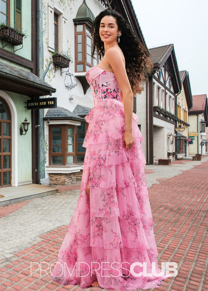 Janice | Strapless Corset Pink Floral Long Prom Dress - Price #price_variant_lowest# - Blush Floral - PromDressClub