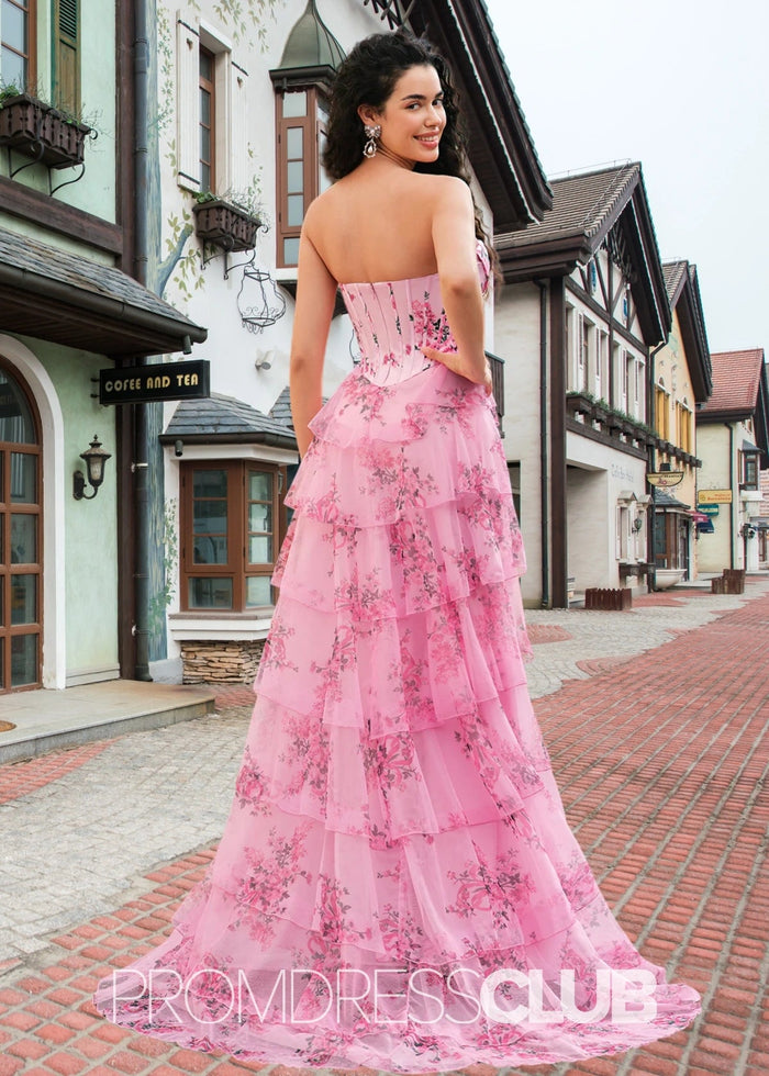 Janice | Strapless Corset Pink Floral Long Prom Dress - Blush Floral - PromDressClub