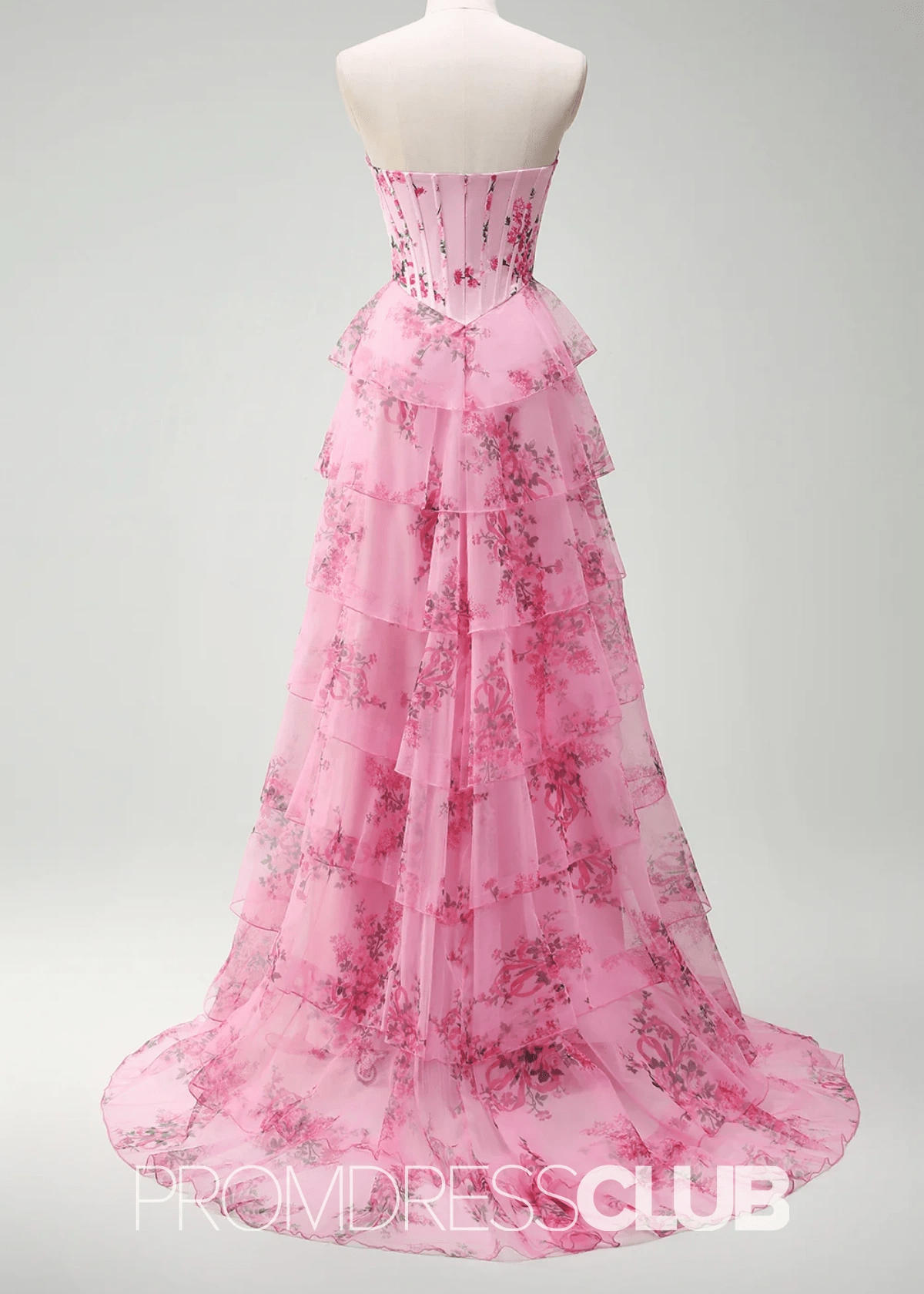 Janice | Strapless Corset Pink Floral Long Prom Dress - Blush Floral - PromDressClub