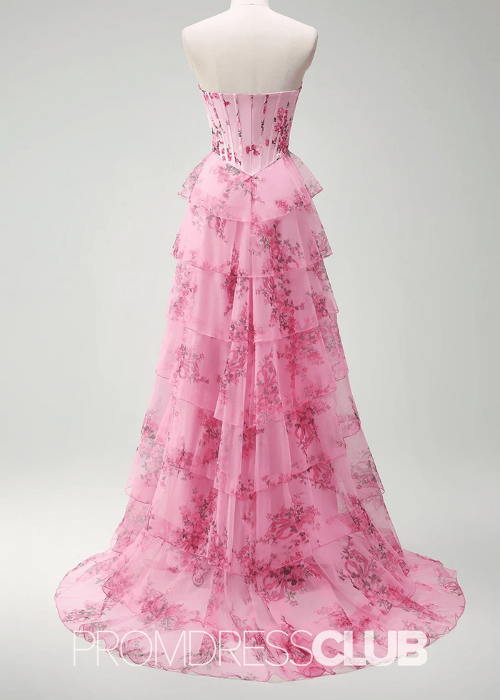 Janice | Strapless Corset Pink Floral Long Prom Dress - Blush Floral - PromDressClub