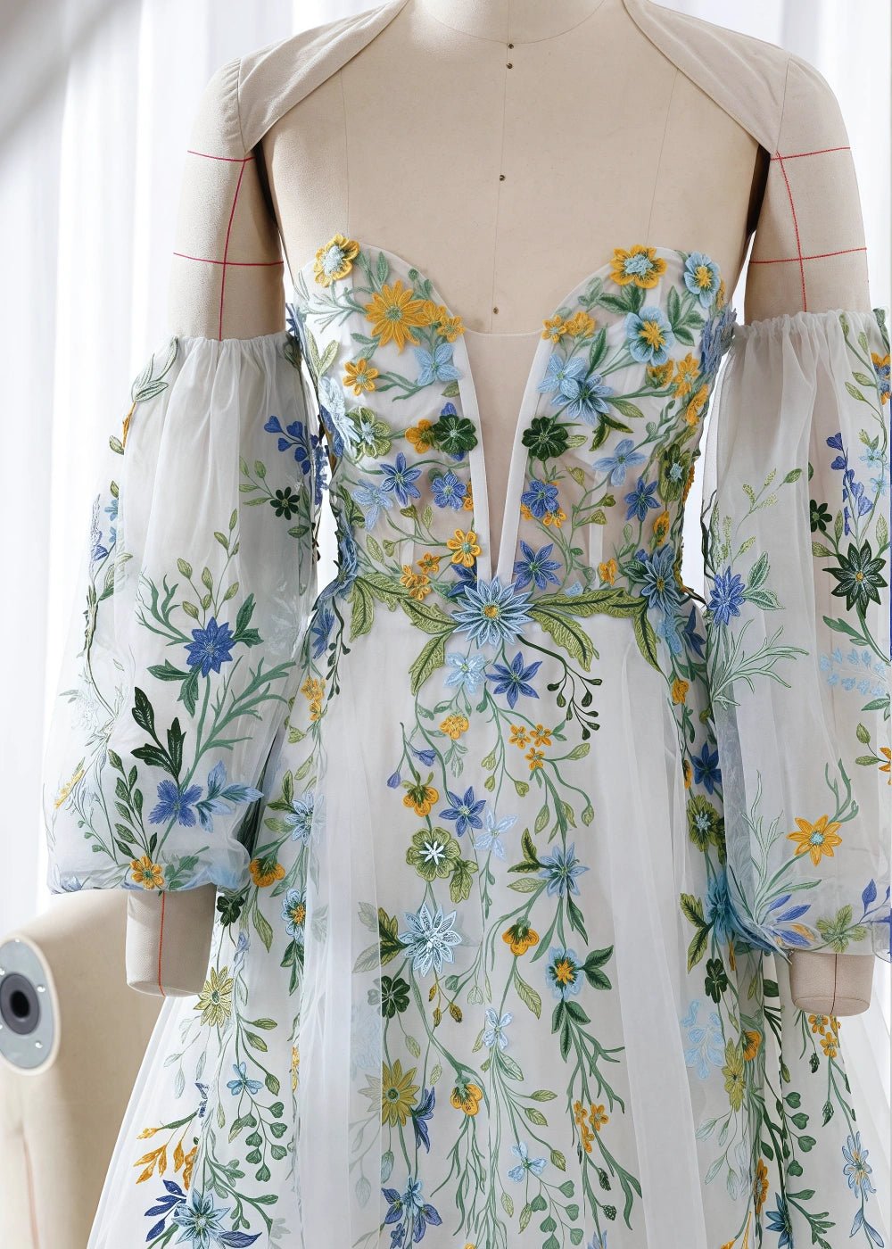 Jasmine | Gorgeous White Floral Strapless Long Sleeve Wedding Dress with Detachable Sleeves - White Floral - PromDressClub