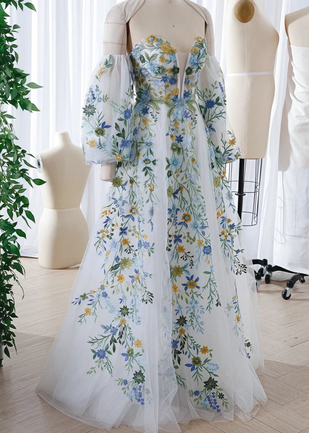 Jasmine | Gorgeous White Floral Strapless Long Sleeve Wedding Dress with Detachable Sleeves - White Floral - PromDressClub