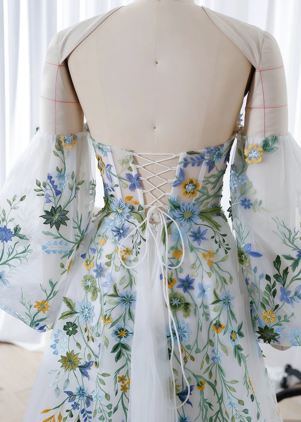 Jasmine | Gorgeous White Floral Strapless Long Sleeve Wedding Dress with Detachable Sleeves - White Floral - PromDressClub