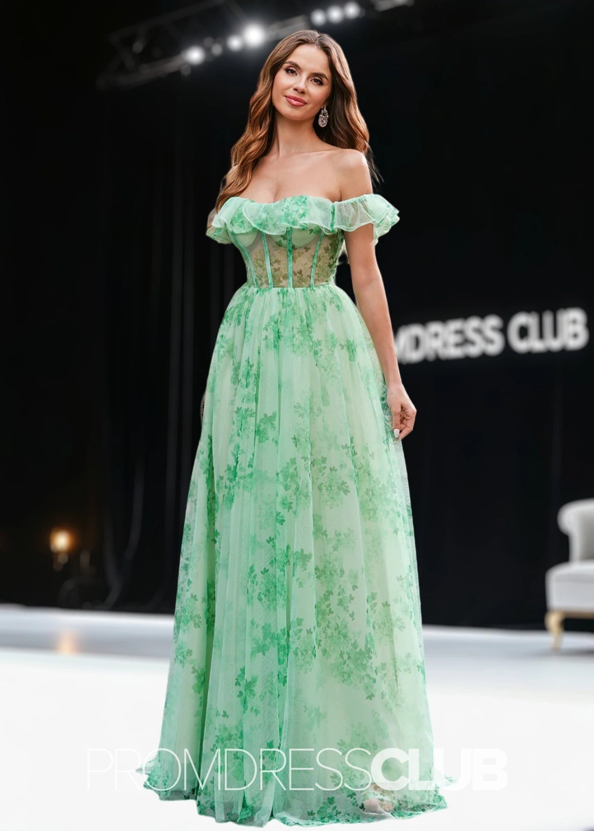 Jean | A Line Green Floral Long Prom Dress - Green Floral - PromDressClub