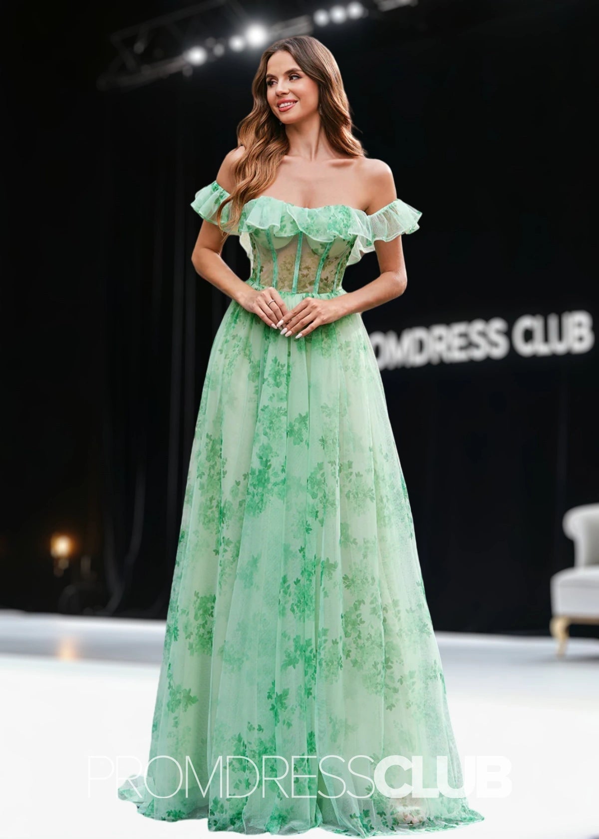 Jean | A Line Green Floral Long Prom Dress - Green Floral - PromDressClub