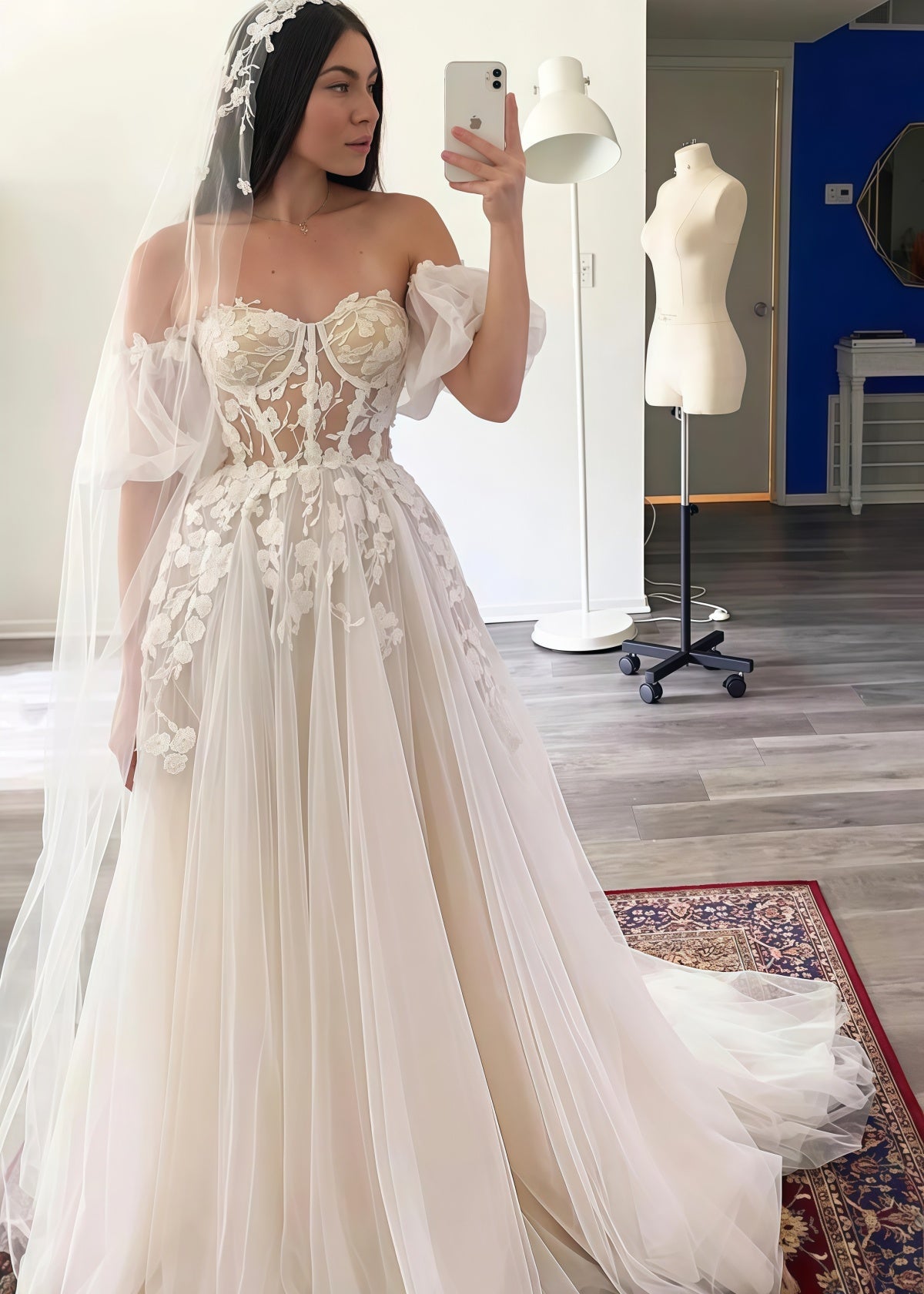 Jean | Enchanting Off the Shoulder Ball Gown Lace White Wedding Dress with Appliques Lace - White - PromDressClub