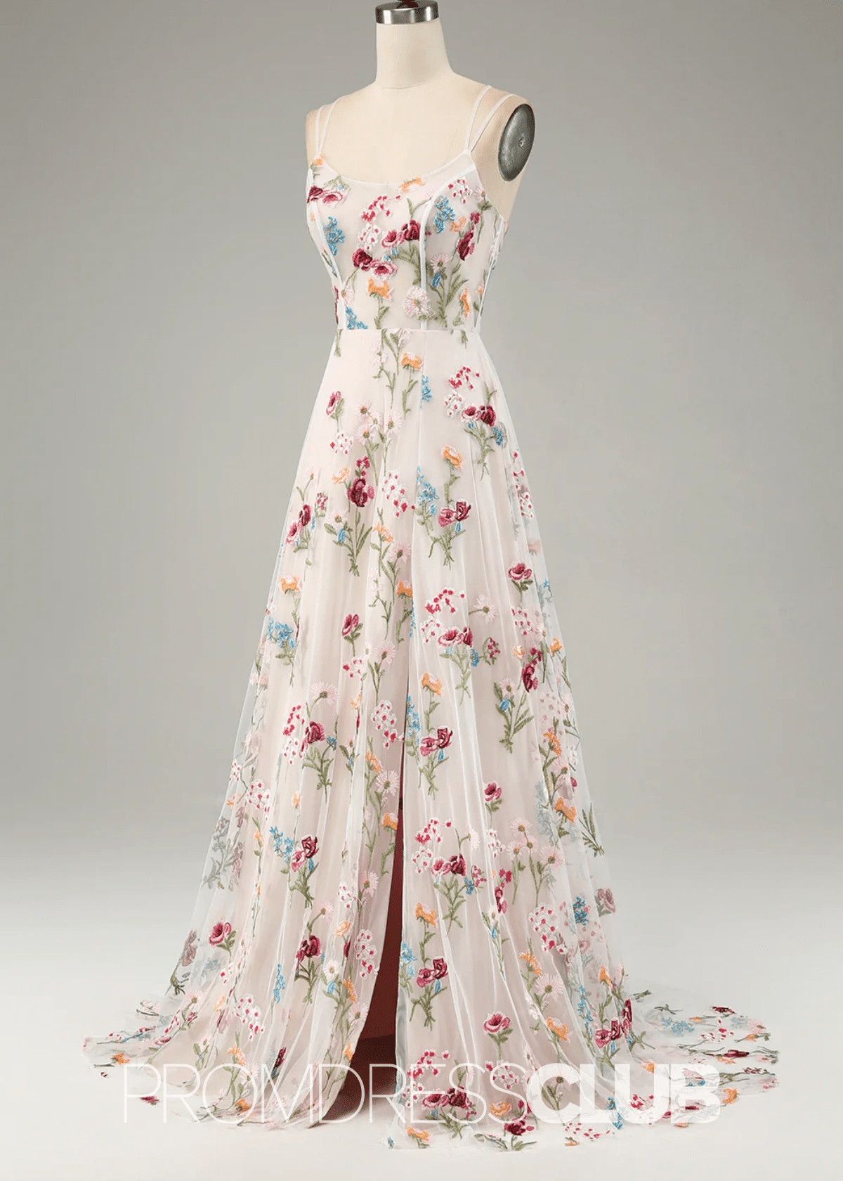 Jean | Ivory Flower A - Line Spaghetti Straps Maxi Formal Dress with Slit - Ivory Floral - PromDressClub