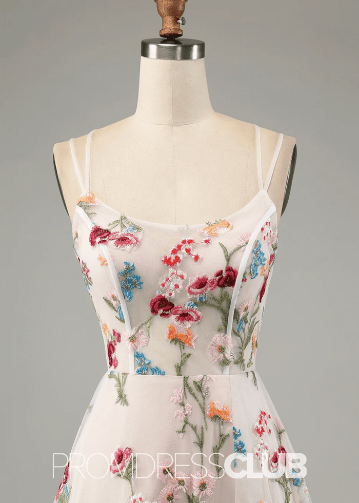 Jean | Ivory Flower A - Line Spaghetti Straps Maxi Formal Dress with Slit - Price #price_variant_lowest# - Ivory Floral - PromDressClub