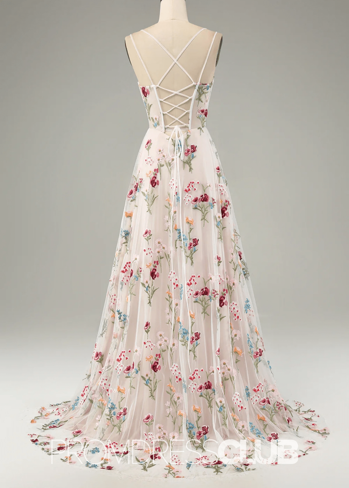 Jean | Ivory Flower A - Line Spaghetti Straps Maxi Formal Dress with Slit - Price #price_variant_lowest# - Ivory Floral - PromDressClub