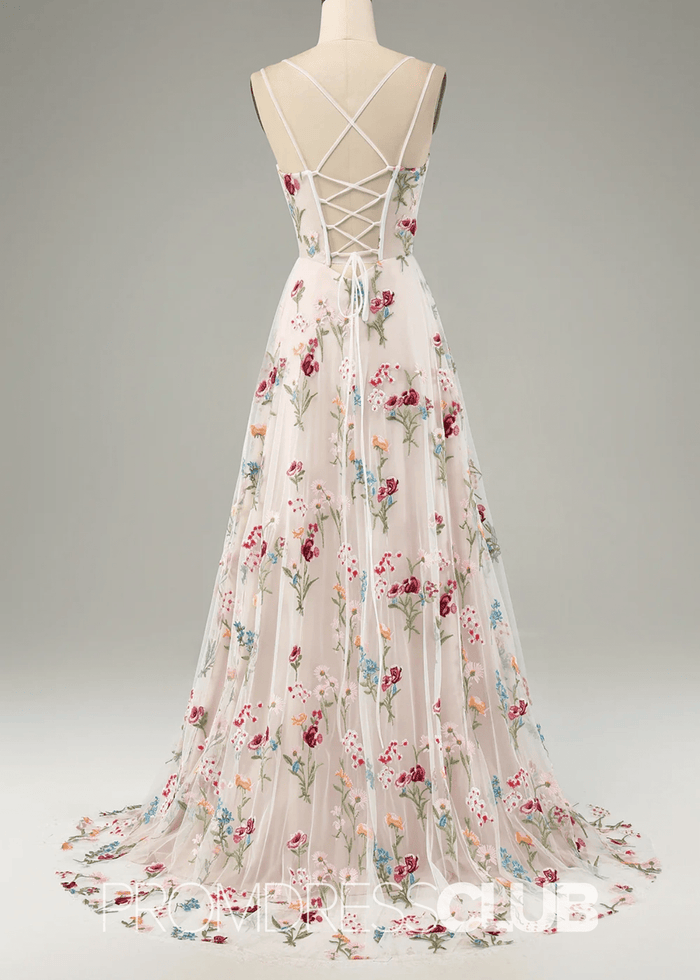 Jean | Ivory Flower A - Line Spaghetti Straps Maxi Formal Dress with Slit - Price #price_variant_lowest# - Ivory Floral - PromDressClub