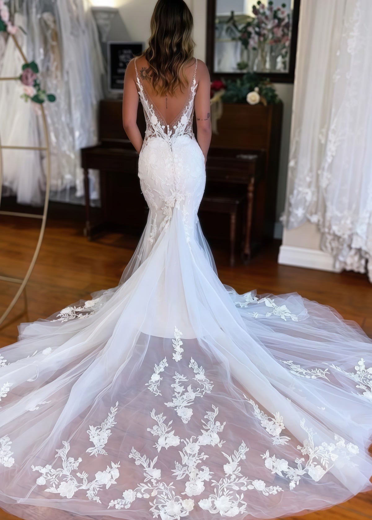 Jennifer | Elegant V Neck Lace Mermaid Wedding Dress with Long Train - White - PromDressClub