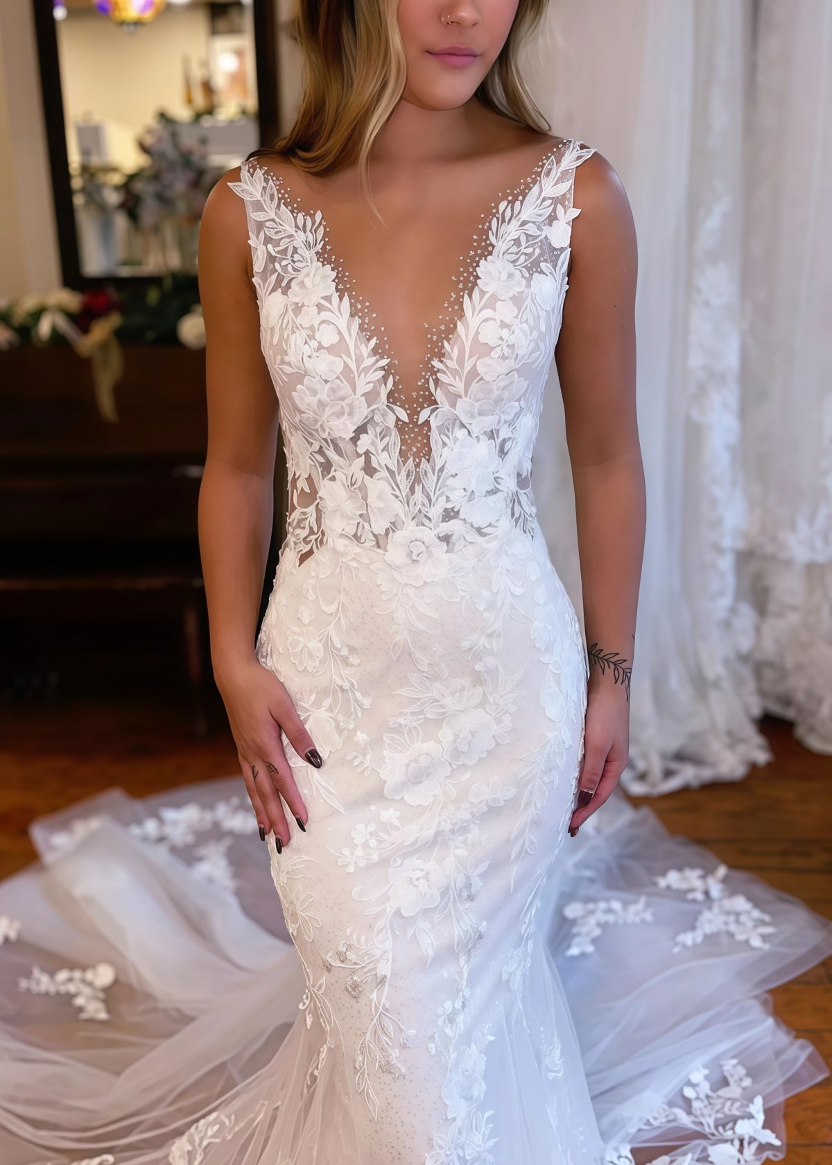 Jennifer | Elegant V Neck Lace Mermaid Wedding Dress with Long Train - White - PromDressClub