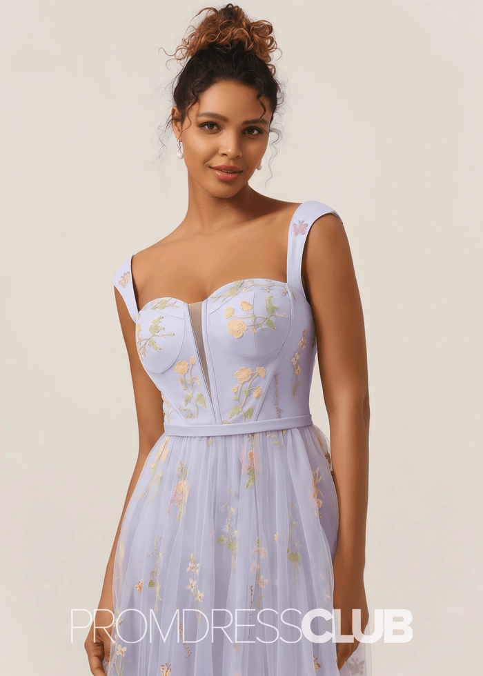 Jennifer | Light Purple Floral A Line Sweetheart Midi Prom Dress - Light Purple Floral - PromDressClub