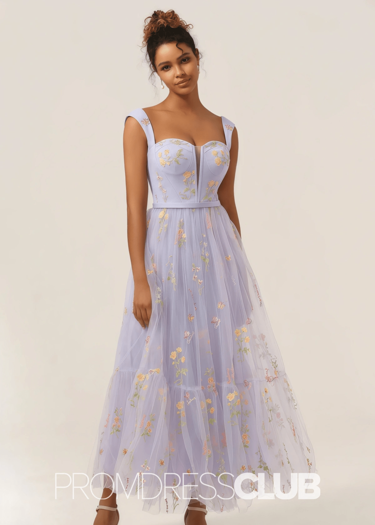 Jennifer | Light Purple Floral A Line Sweetheart Midi Prom Dress - Light Purple Floral - PromDressClub