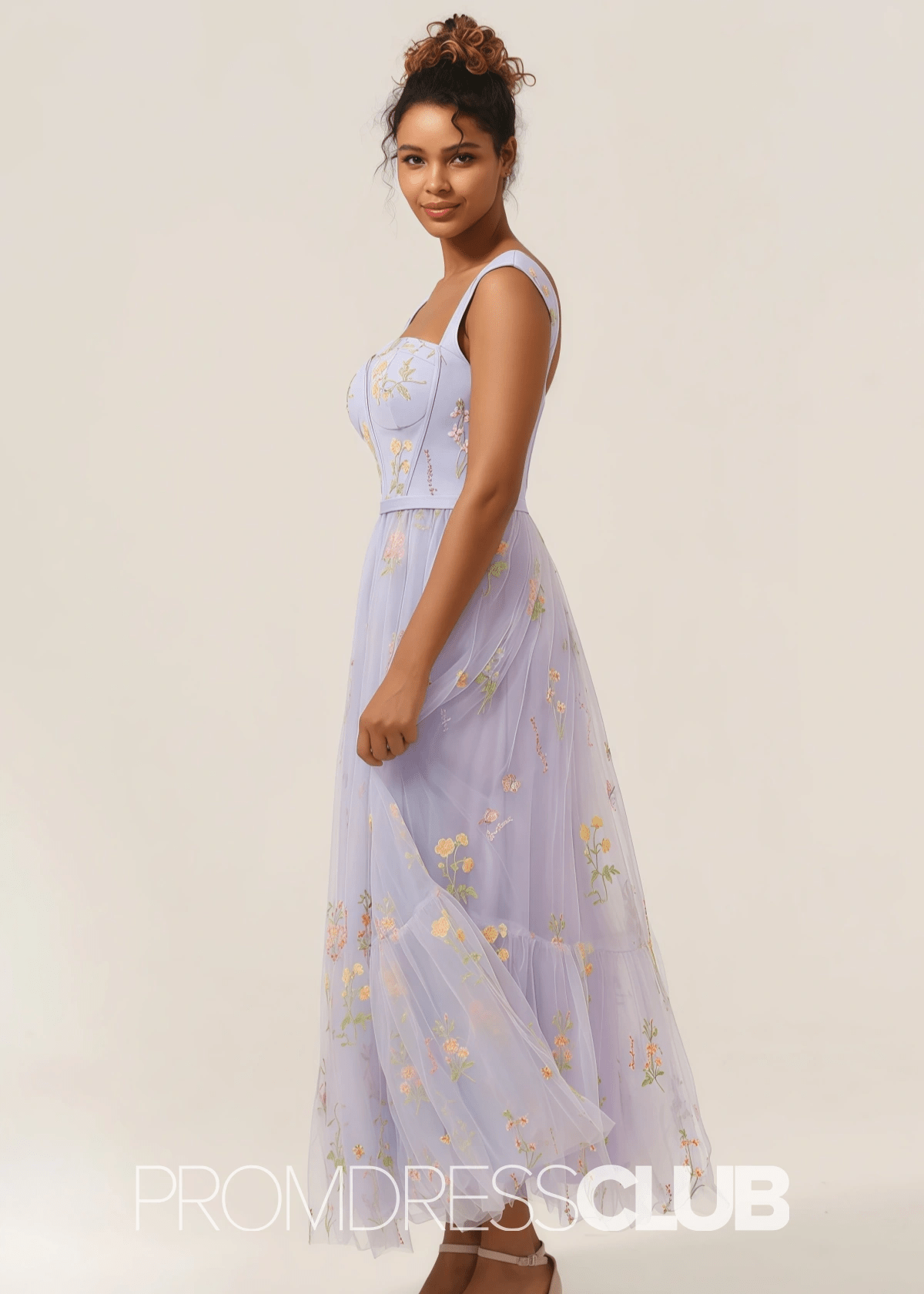 Jennifer | Light Purple Floral A Line Sweetheart Midi Prom Dress - Light Purple Floral - PromDressClub