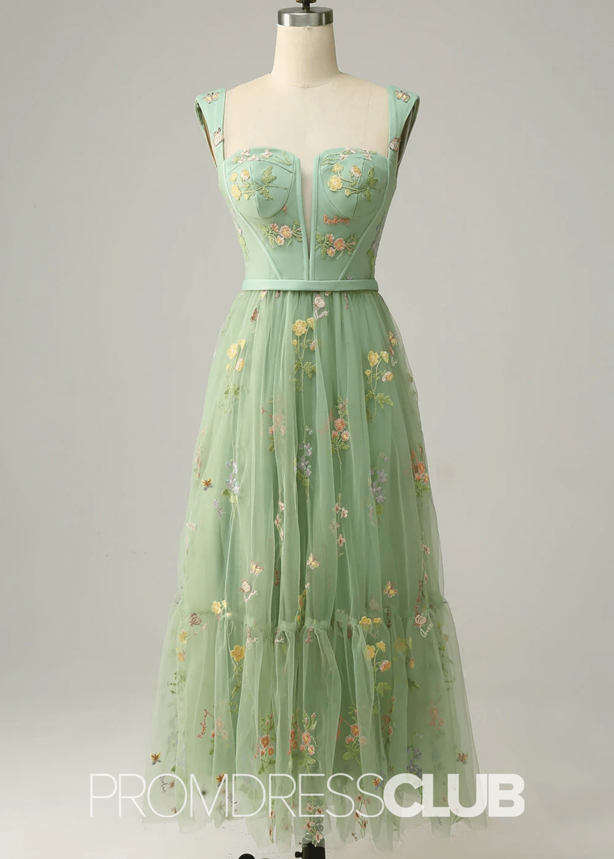 Jennifer | Light Purple Floral A Line Sweetheart Midi Prom Dress - Sage Floral - PromDressClub