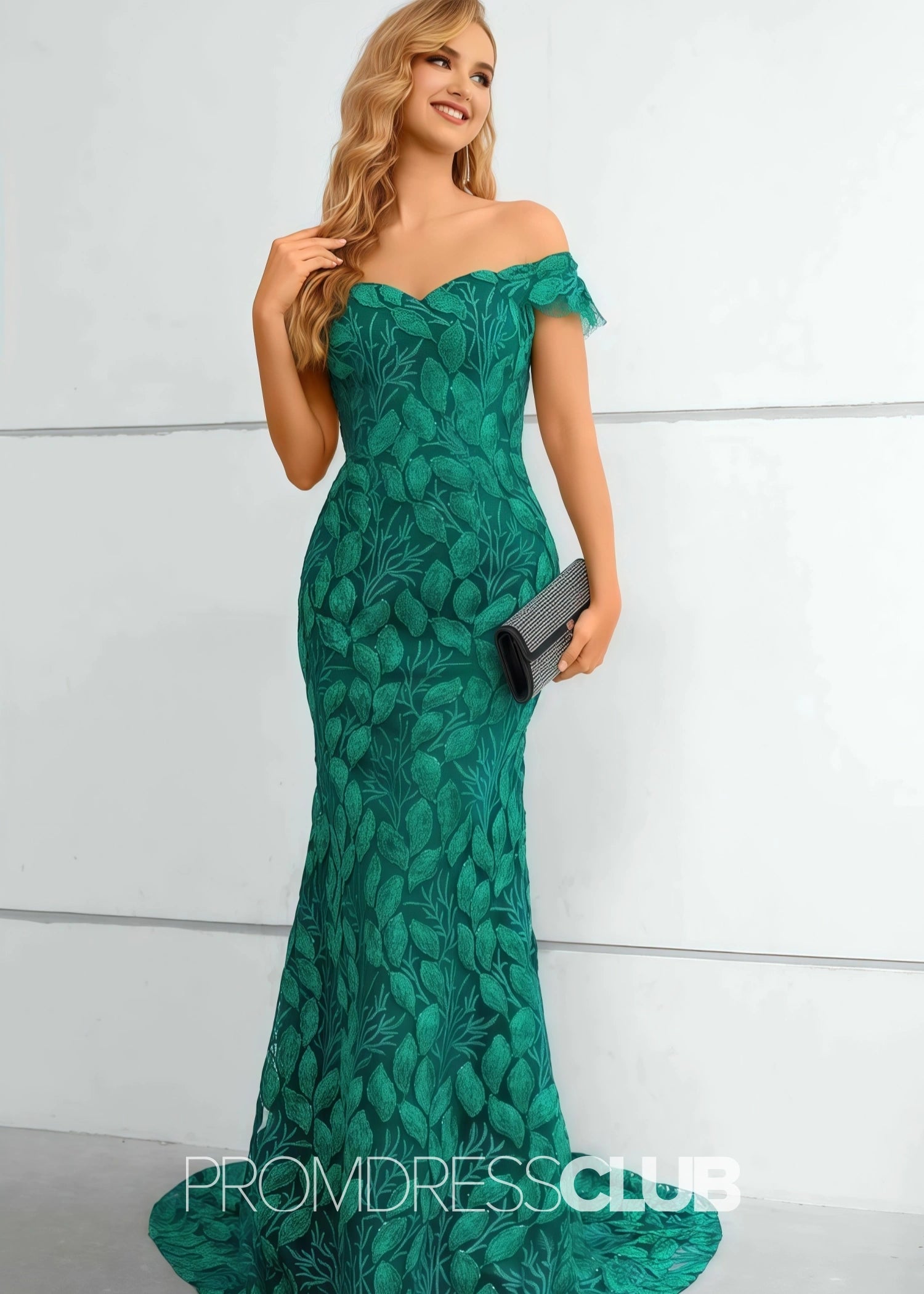 Jennifer |Long Green Prom Dresses Near Me With Mermaid Lace Off The Shoulder - Price #price_variant_lowest# - Green - PromDressClub