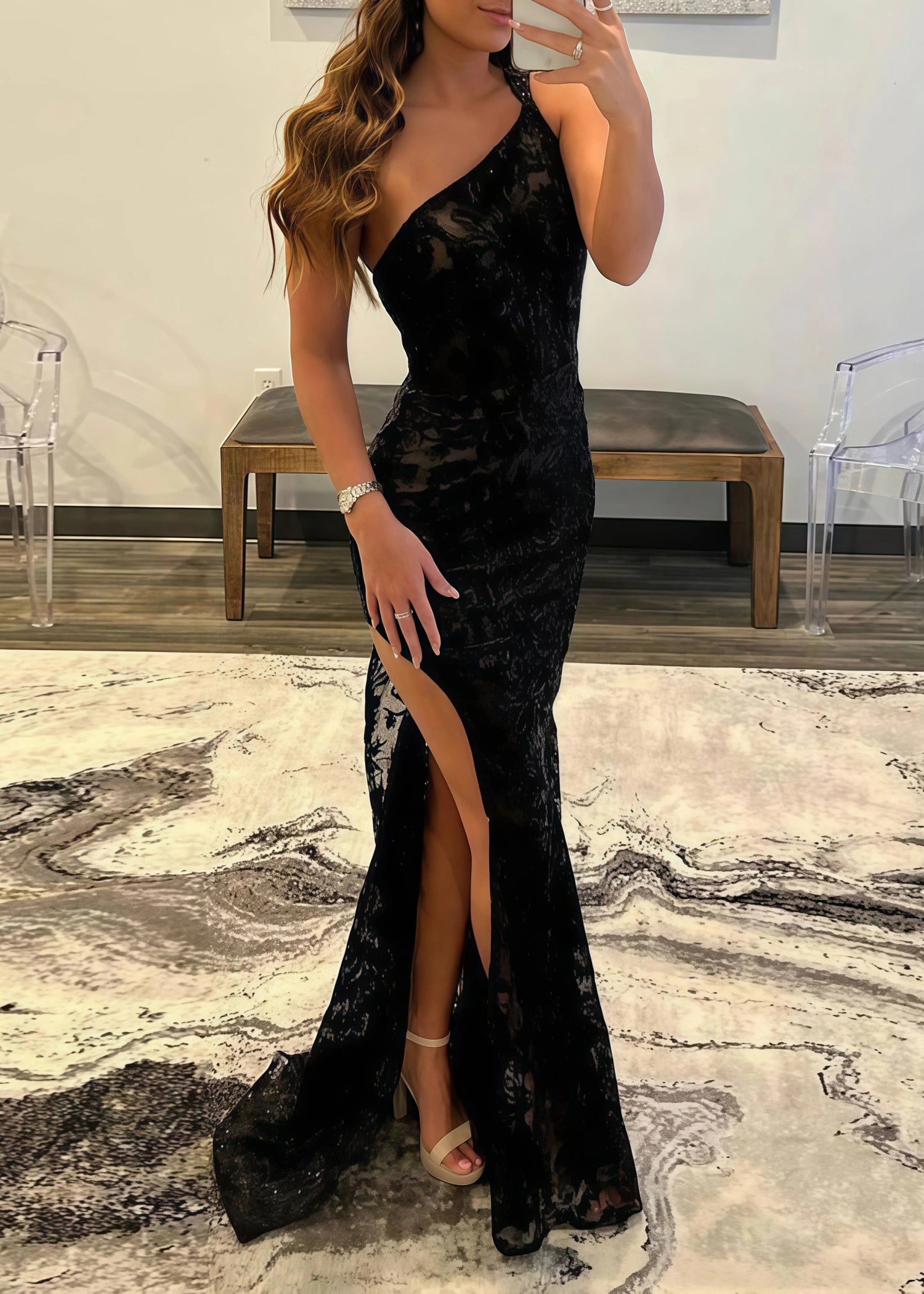Jenny | Mermaid Red Black One Shoulder Corset Lace Formal Dress with Silt - Black - PromDressClub