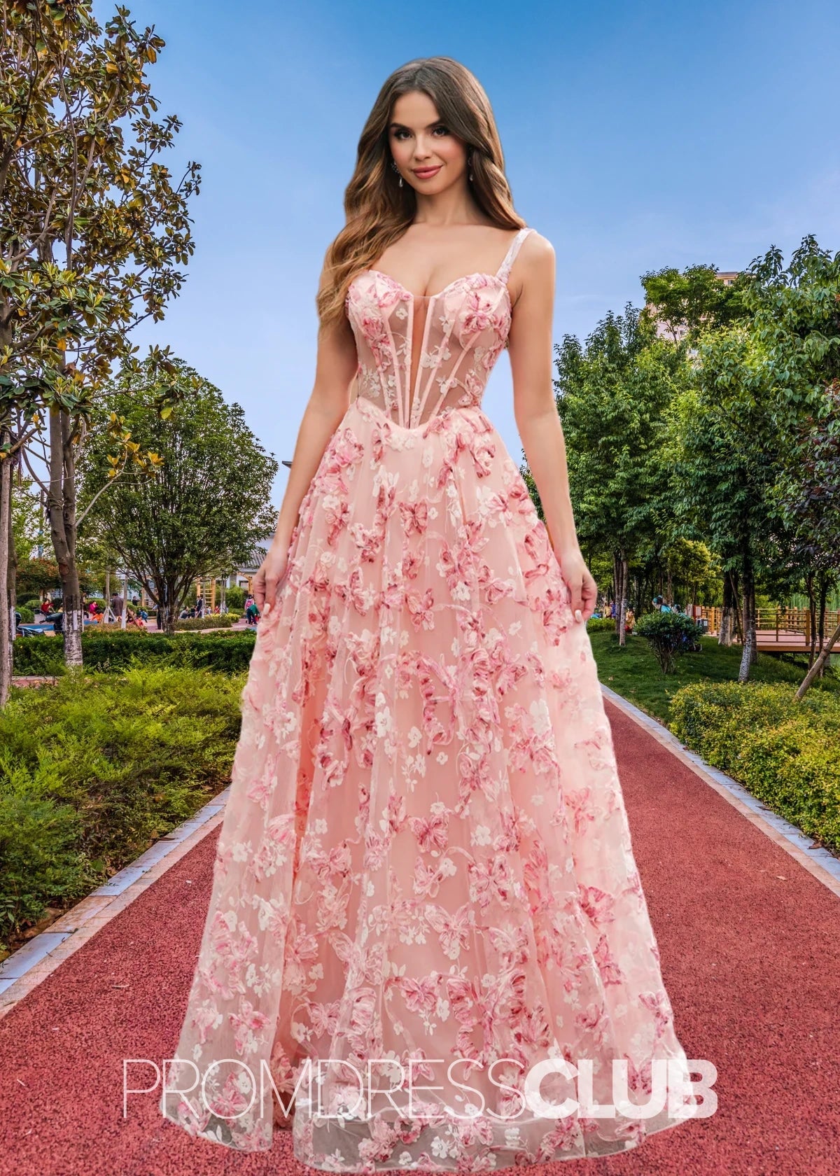 Jenny | Pink Floral A - Line Corset Slit Maxi Prom Dress - Price #price_variant_lowest# - Pink Floral - PromDressClub