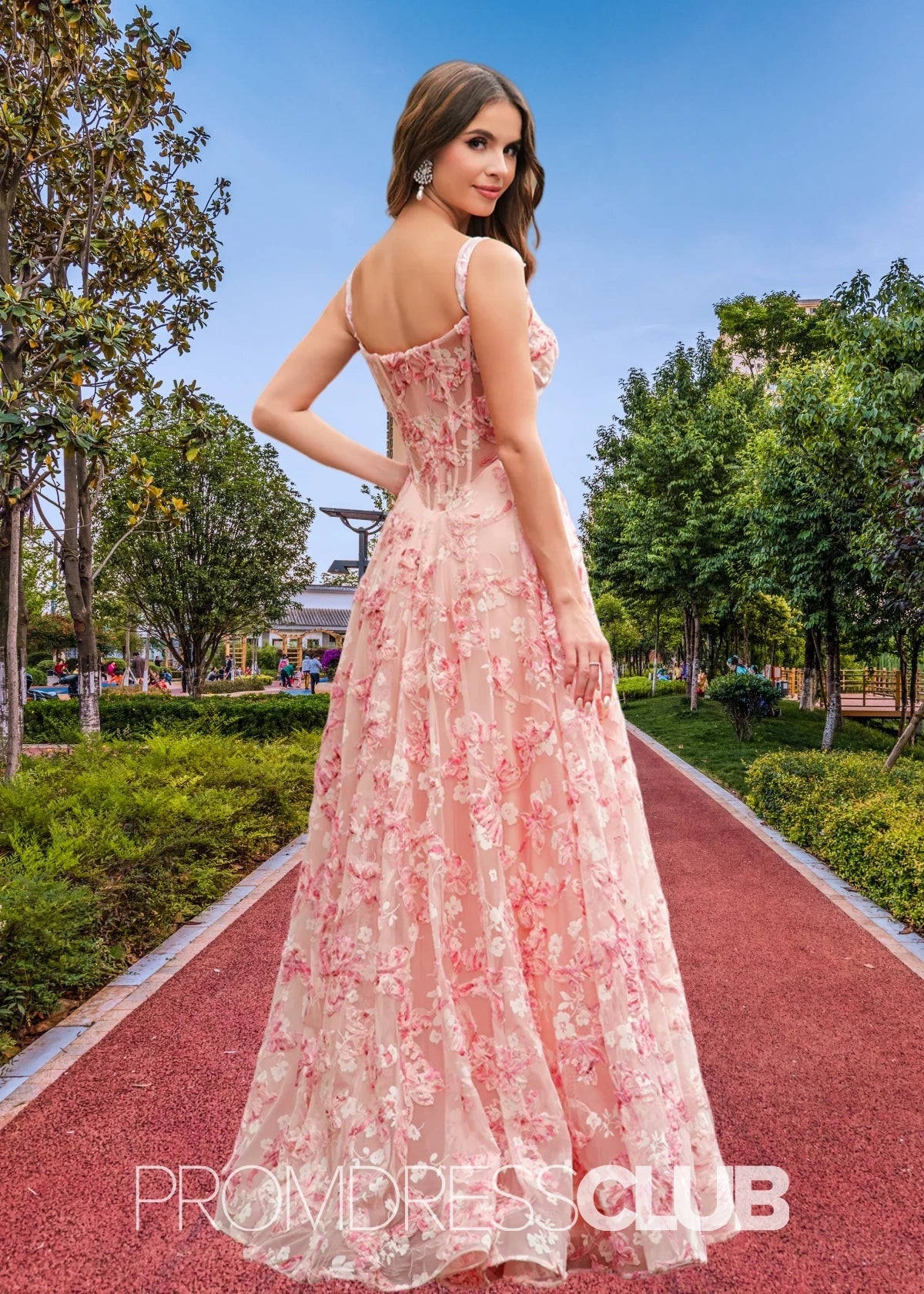 Jenny | Pink Floral A - Line Corset Slit Maxi Prom Dress - Pink Floral - PromDressClub