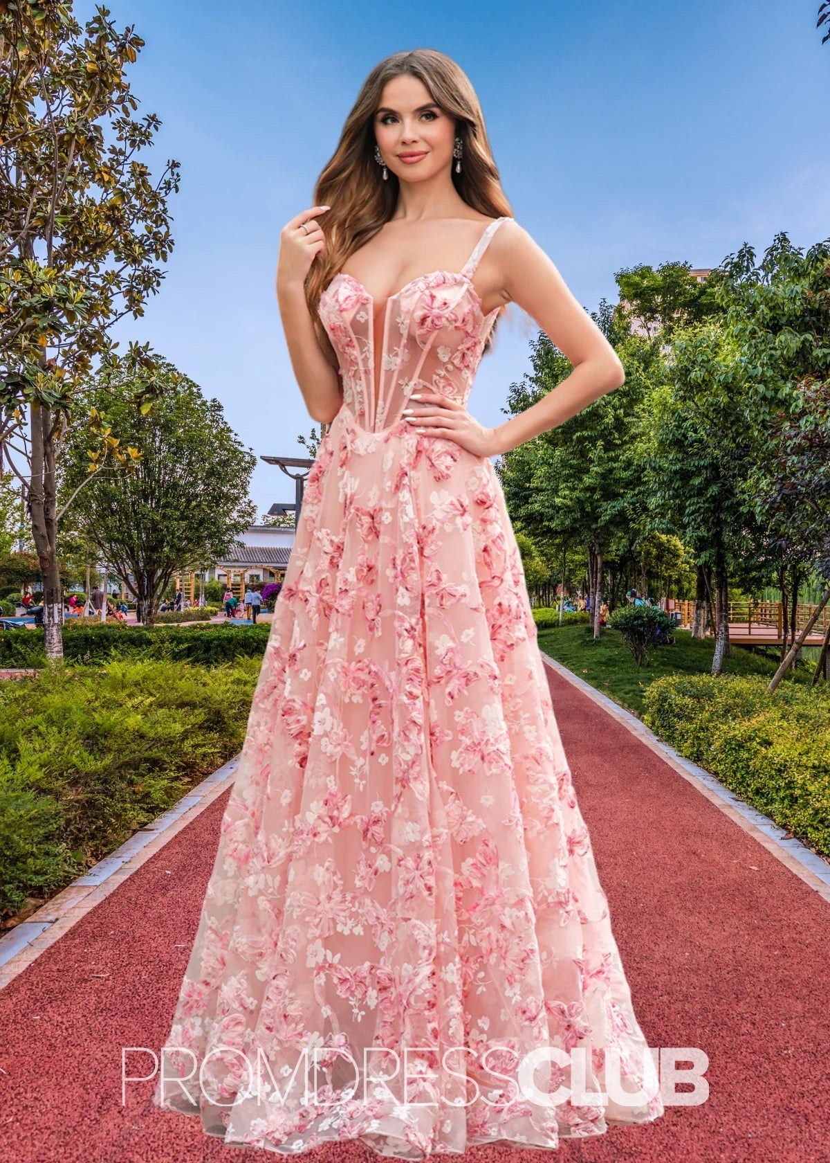 Jenny | Pink Floral A - Line Corset Slit Maxi Prom Dress - Price #price_variant_lowest# - Pink Floral - PromDressClub