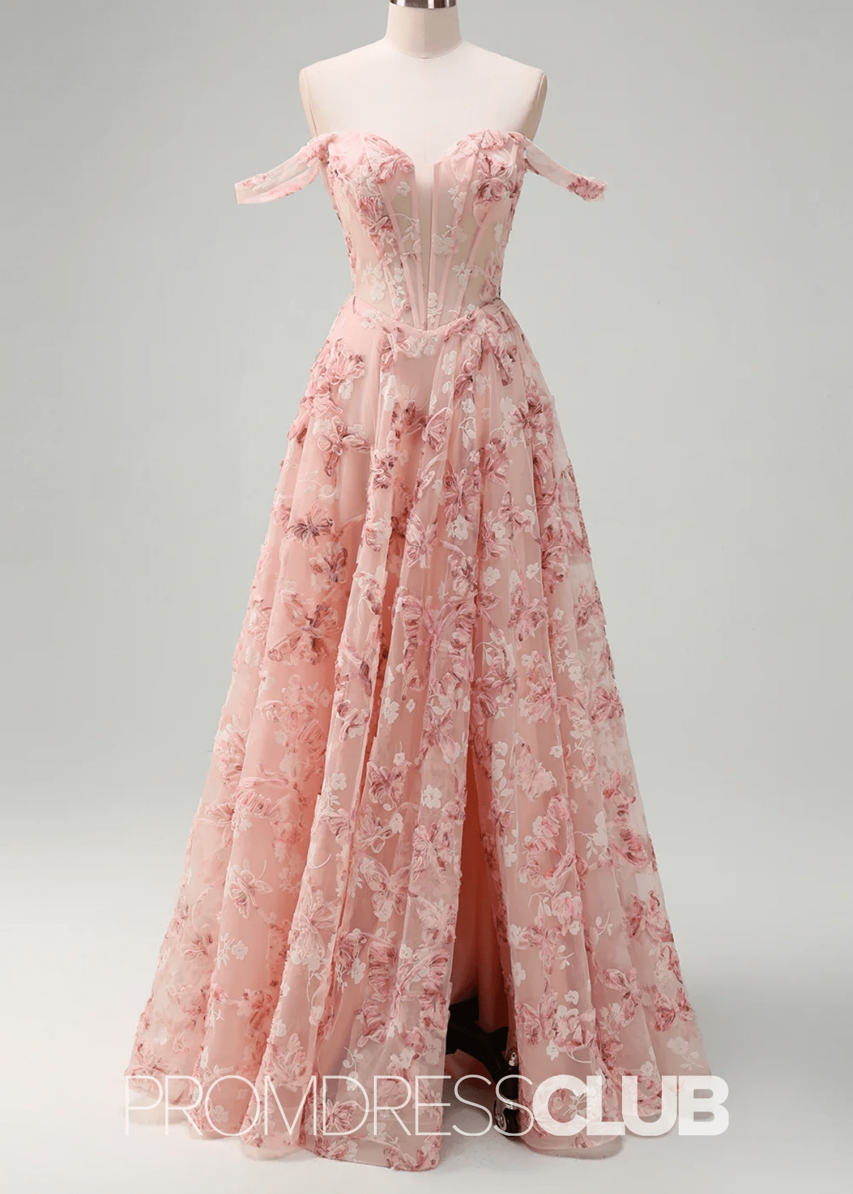 Jenny | Pink Floral A - Line Corset Slit Maxi Prom Dress - Price #price_variant_lowest# - Pink Floral - PromDressClub