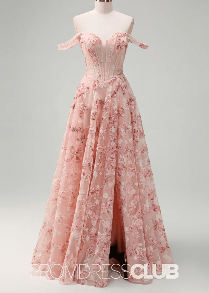 Jenny | Pink Floral A - Line Corset Slit Maxi Prom Dress - Price #price_variant_lowest# - Pink Floral - PromDressClub