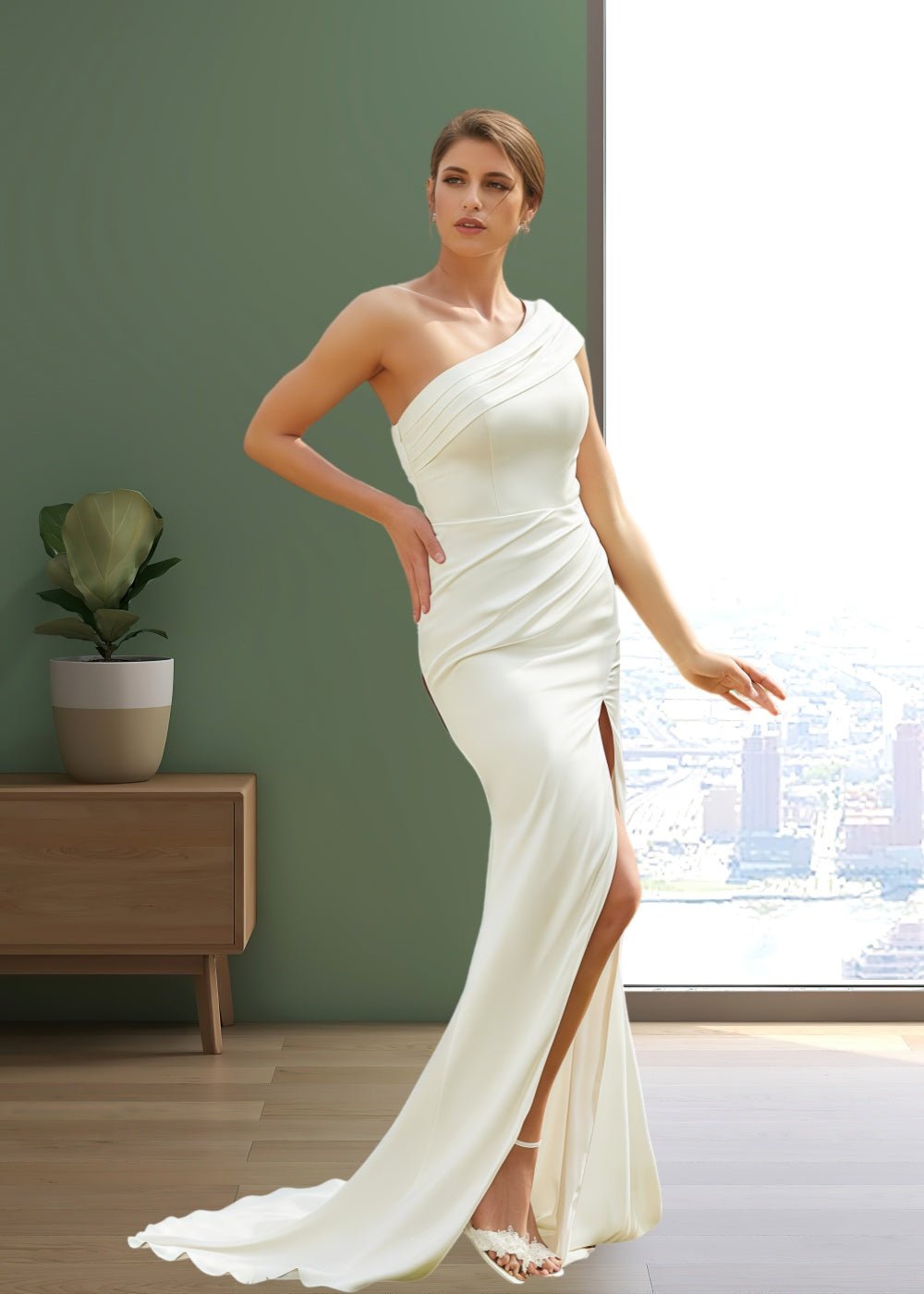 Jenny | Sheath/Column Satin Ruched One shoulder Ivory Wedding Dress Train with Slit - Ivory - PromDressClub