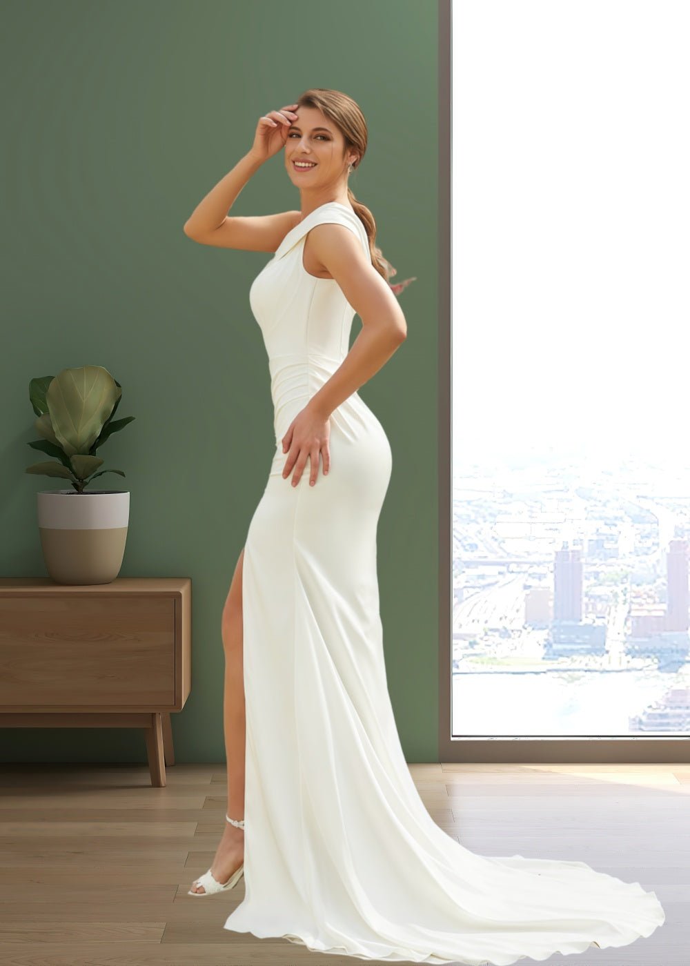 Jenny | Sheath/Column Satin Ruched One shoulder Ivory Wedding Dress Train with Slit - Ivory - PromDressClub