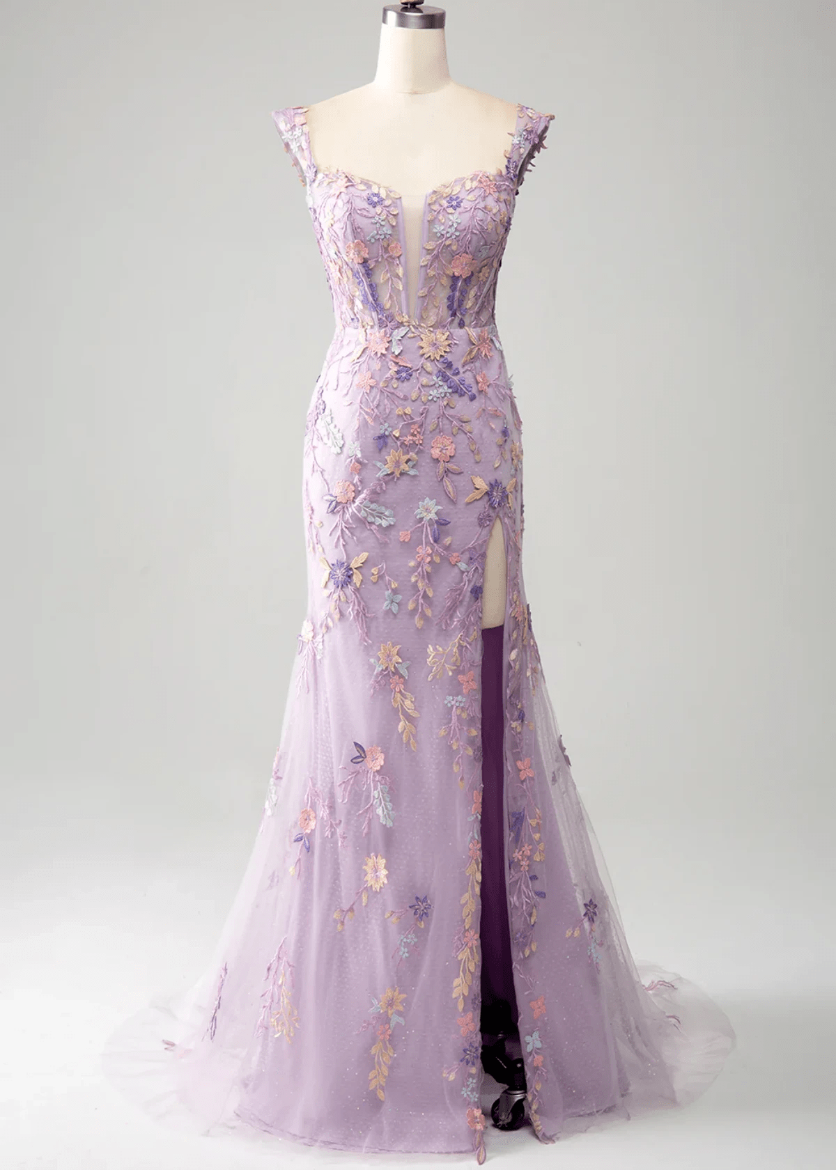 Light Purple Floral Mermaid Embroidered Long Prom Dress