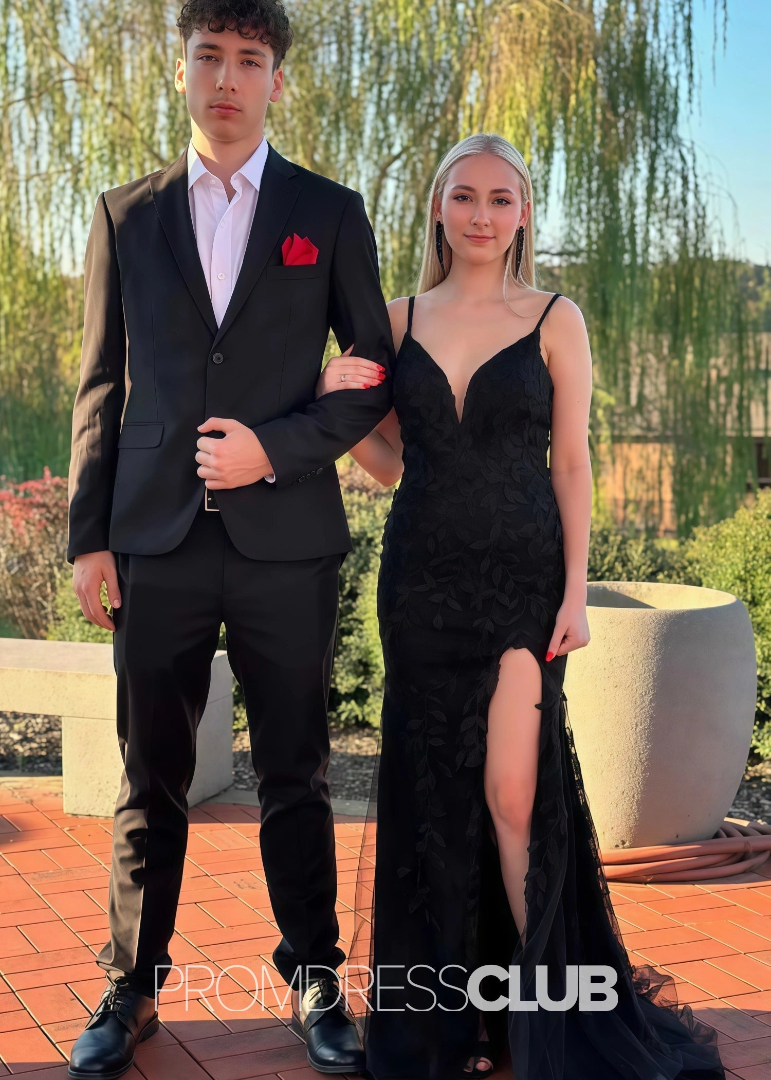 Jessica |Long Black Prom Dresses Near Me With Spaghetti Straps V - Neck Lace Appliques Mermaid Slit - Price #price_variant_lowest# - Black - PromDressClub