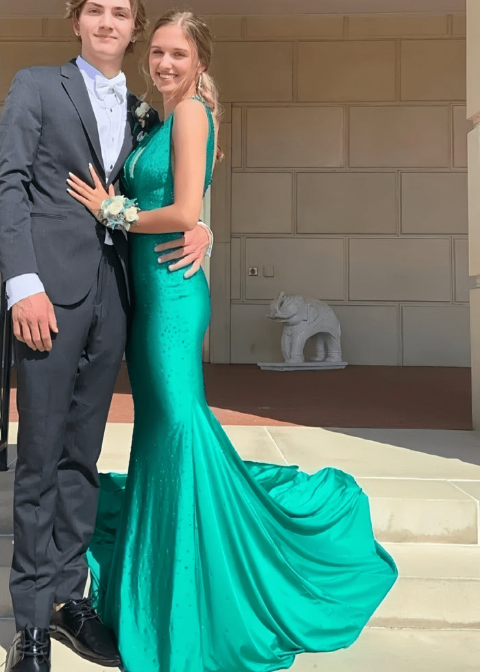 Jessica | Royal Blue Glitter Trumpet Mermaid Beaded Prom Dress with Train - Emerald Green - PromDressClub