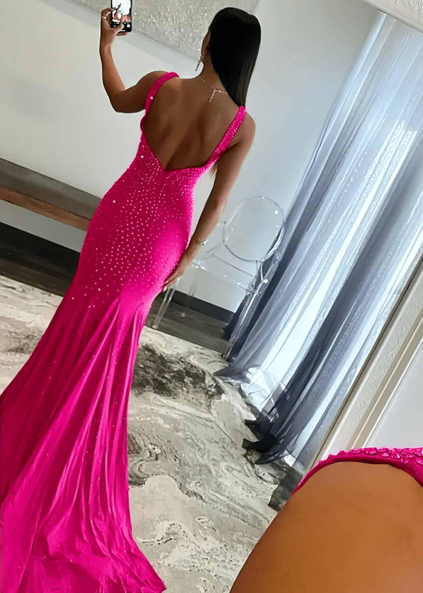 Jessica | Royal Blue Glitter Trumpet Mermaid Beaded Prom Dress with Train - Hot Pink - PromDressClub