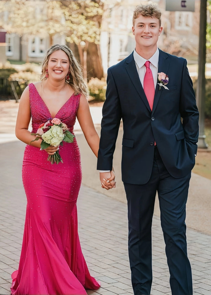 Jessica | Royal Blue Glitter Trumpet Mermaid Beaded Prom Dress with Train - Hot Pink - PromDressClub