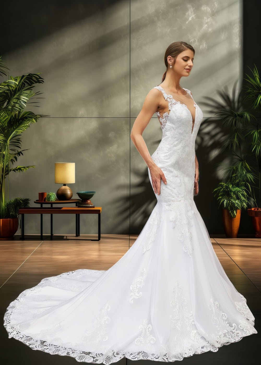 Jessica | Trumpet/Mermaid Tulle Lace Scoop White Wedding Dress Court Train - Romantic and Alluring Bridal Gown - White - PromDressClub