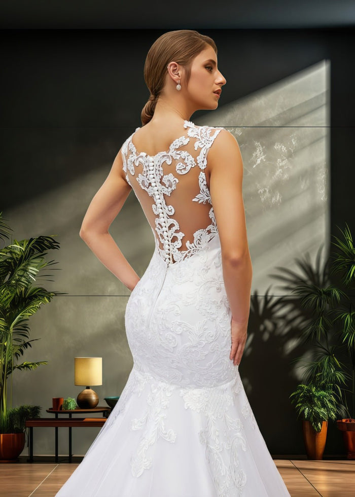 Jessica | Trumpet/Mermaid Tulle Lace Scoop White Wedding Dress Court Train - Romantic and Alluring Bridal Gown - White - PromDressClub