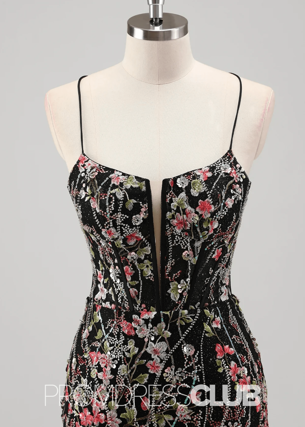 Jill | Light Blue Floral Mermaid Embroidered Tulle Prom Dress - Price #price_variant_lowest# - Black Floral - PromDressClub