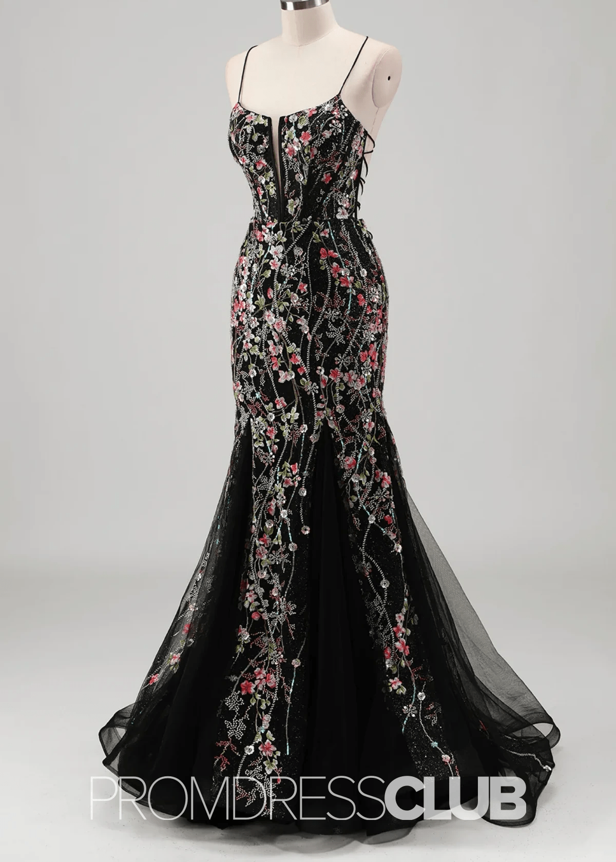 Jill | Light Blue Floral Mermaid Embroidered Tulle Prom Dress - Price #price_variant_lowest# - Black Floral - PromDressClub