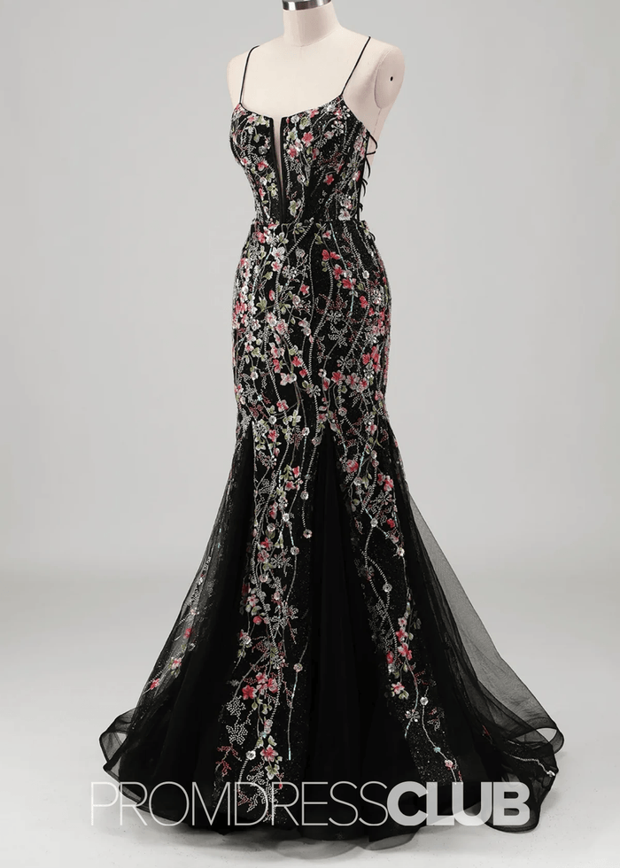 Jill | Light Blue Floral Mermaid Embroidered Tulle Prom Dress - Price #price_variant_lowest# - Black Floral - PromDressClub