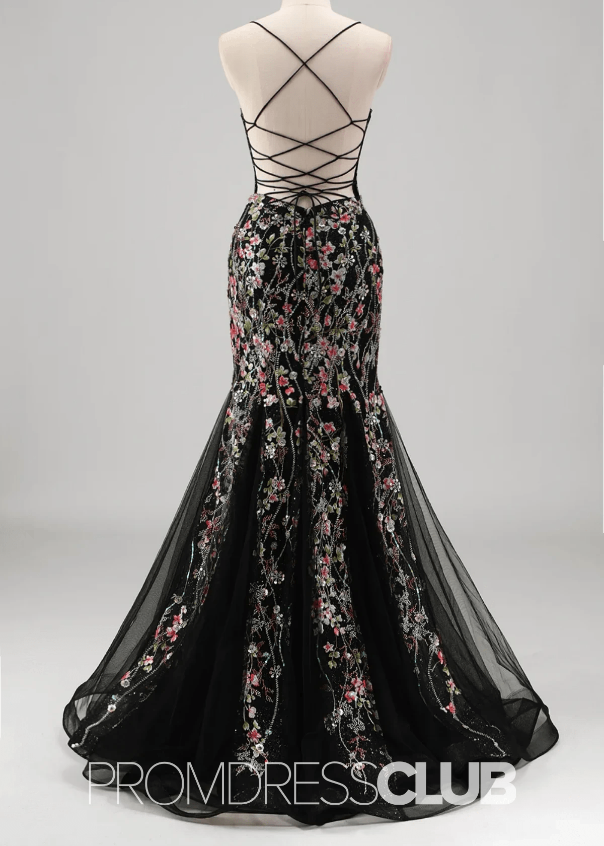 Jill | Light Blue Floral Mermaid Embroidered Tulle Prom Dress - Price #price_variant_lowest# - Black Floral - PromDressClub