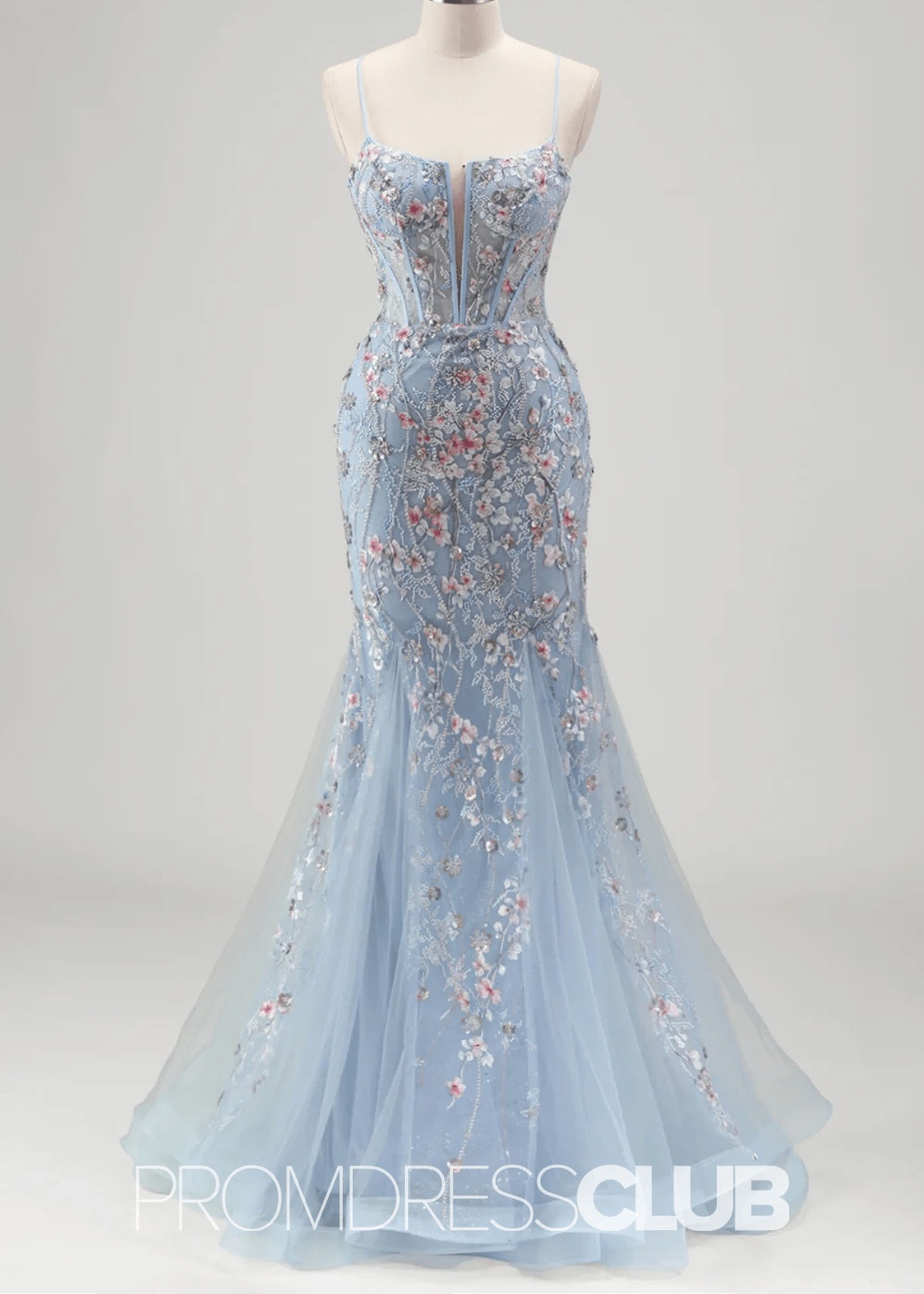 Jill | Light Blue Floral Mermaid Embroidered Tulle Prom Dress - Price #price_variant_lowest# - Light Blue Floral - PromDressClub