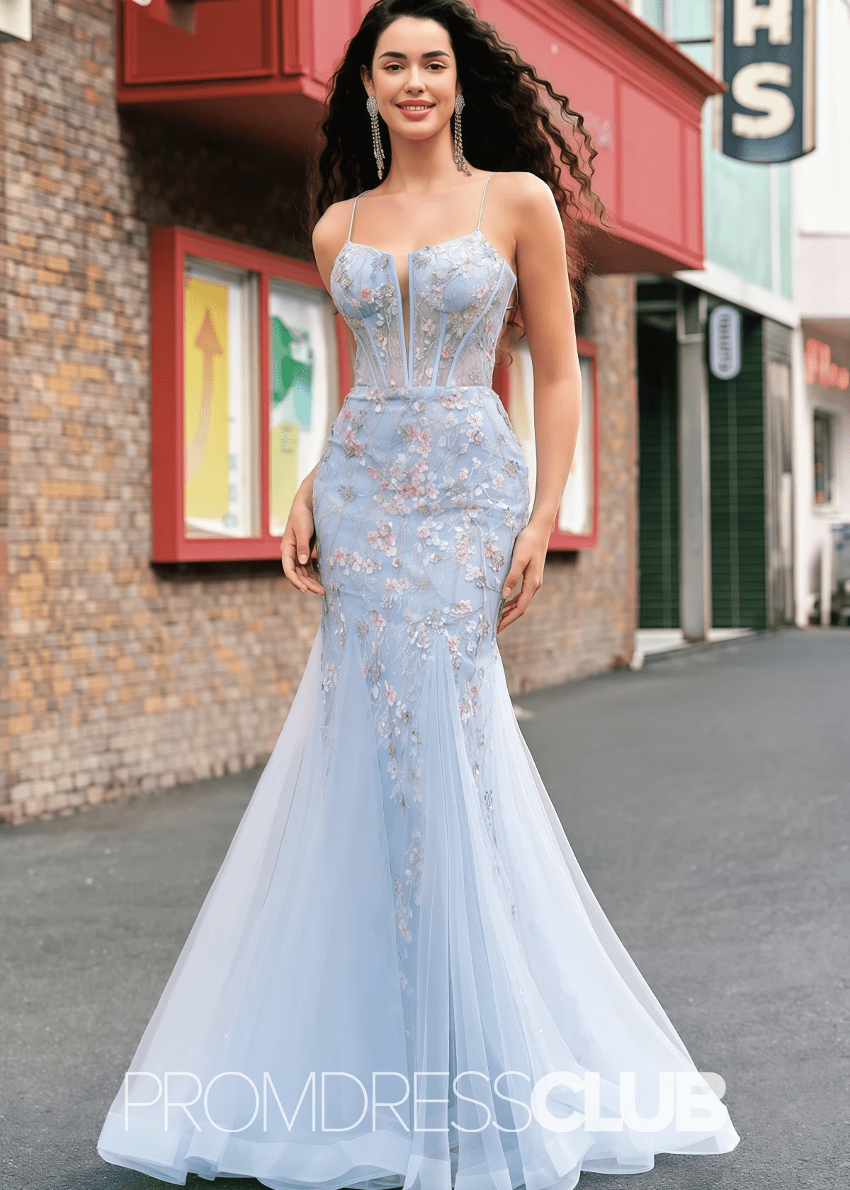 Jill | Light Blue Floral Mermaid Embroidered Tulle Prom Dress - Price #price_variant_lowest# - Light Blue Floral - PromDressClub