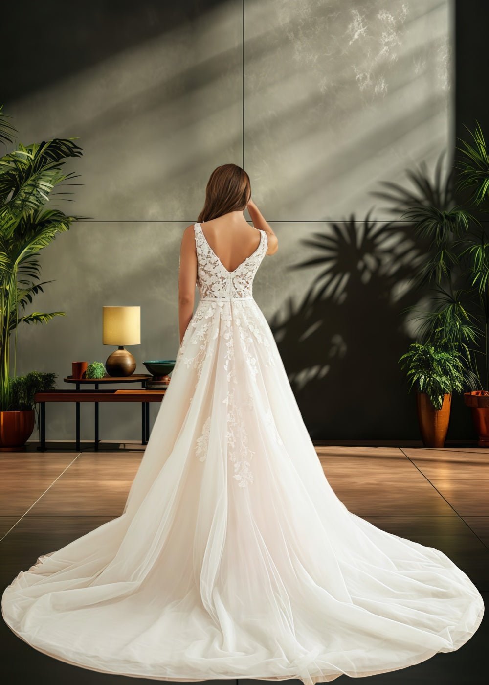 Jo | V Neck Princess Sleeveless Applique Lace Wedding Dress Train - A Blend of Allure and Elegance - White - PromDressClub